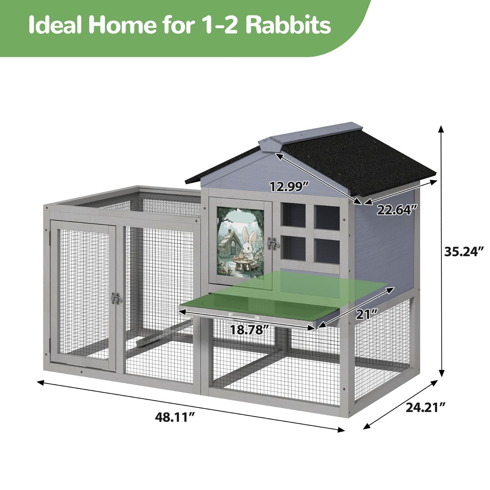 48"L Wooden Rabbit Hutch Large Chicken Coop W/ Removable Tray&Roof In/Outdoor 2