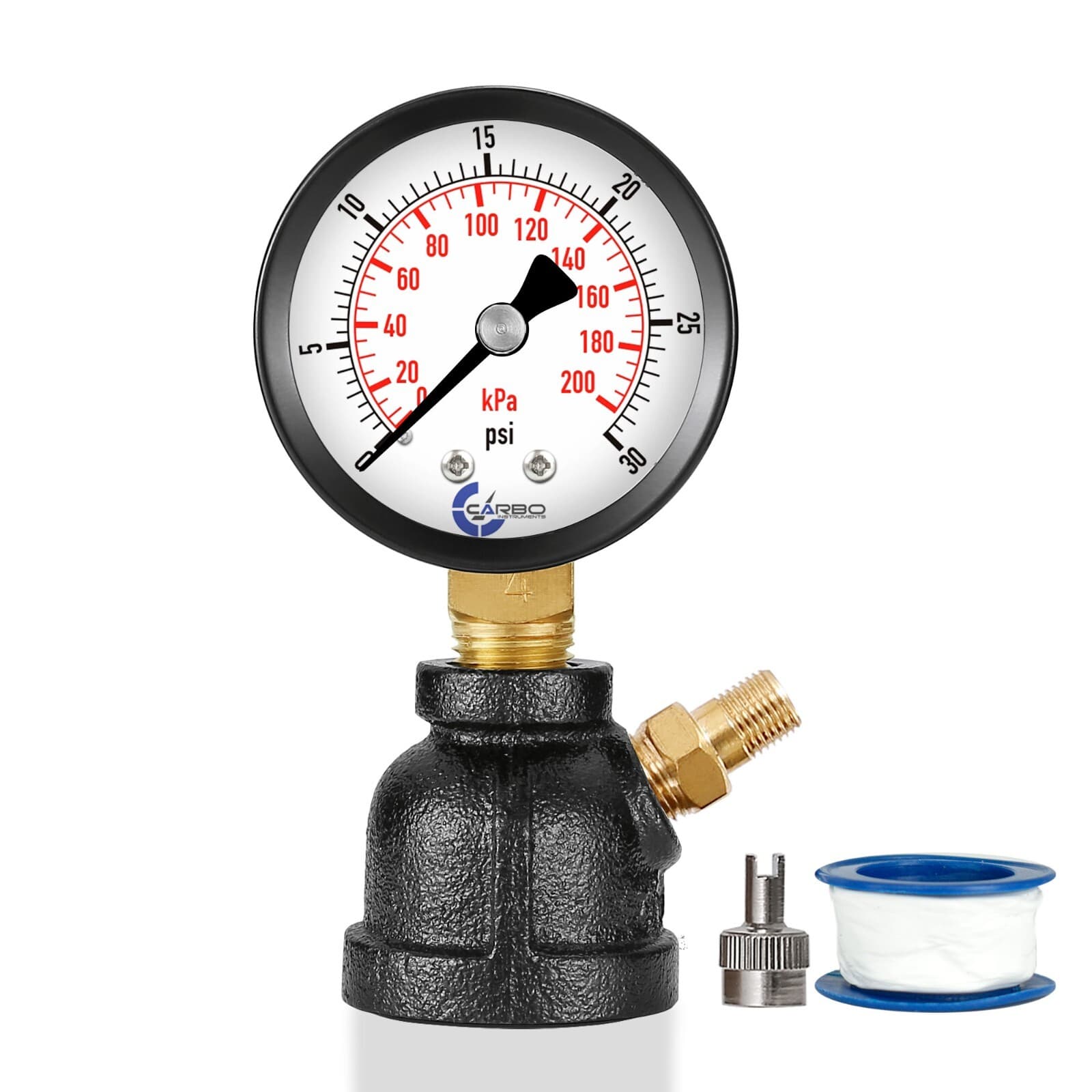 Gas Test Pressure Gauge 30 Pound, 30 PSI/200 kPa 3/4” FNPT Steel Bell Shape Body