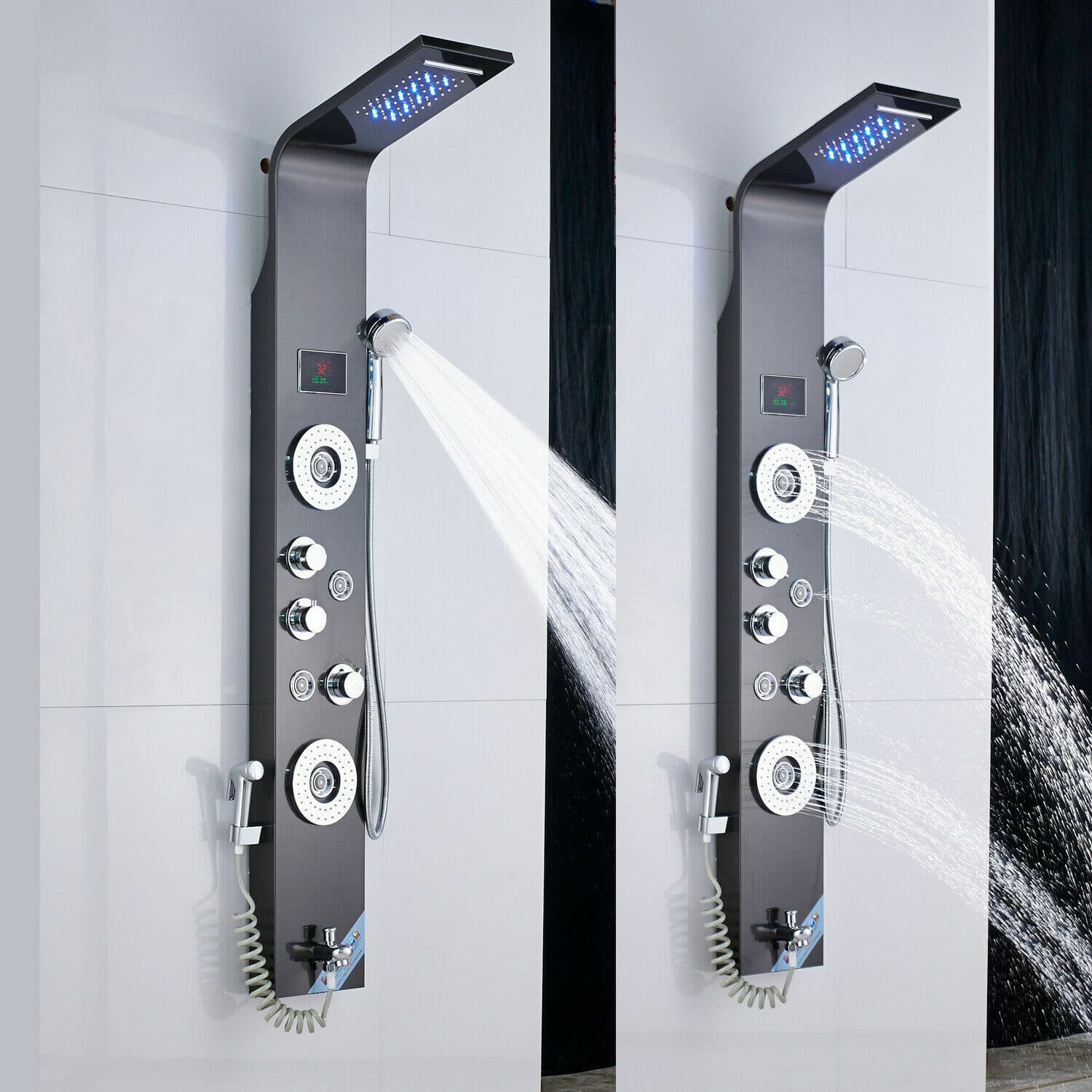 ELLO&ALLO LED Black Rainfall Shower Panel Tower Faucet Massage Body Jets System 4