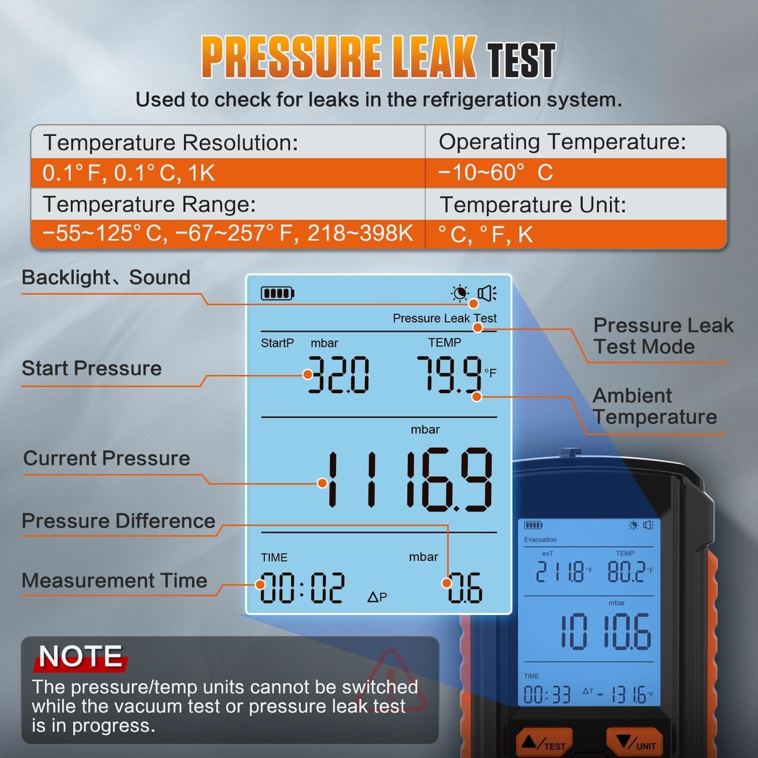 Digital Vacuum Gauge HVAC Vacuum Meter Pressure Leak Tester 0-2000 mbar Range 6