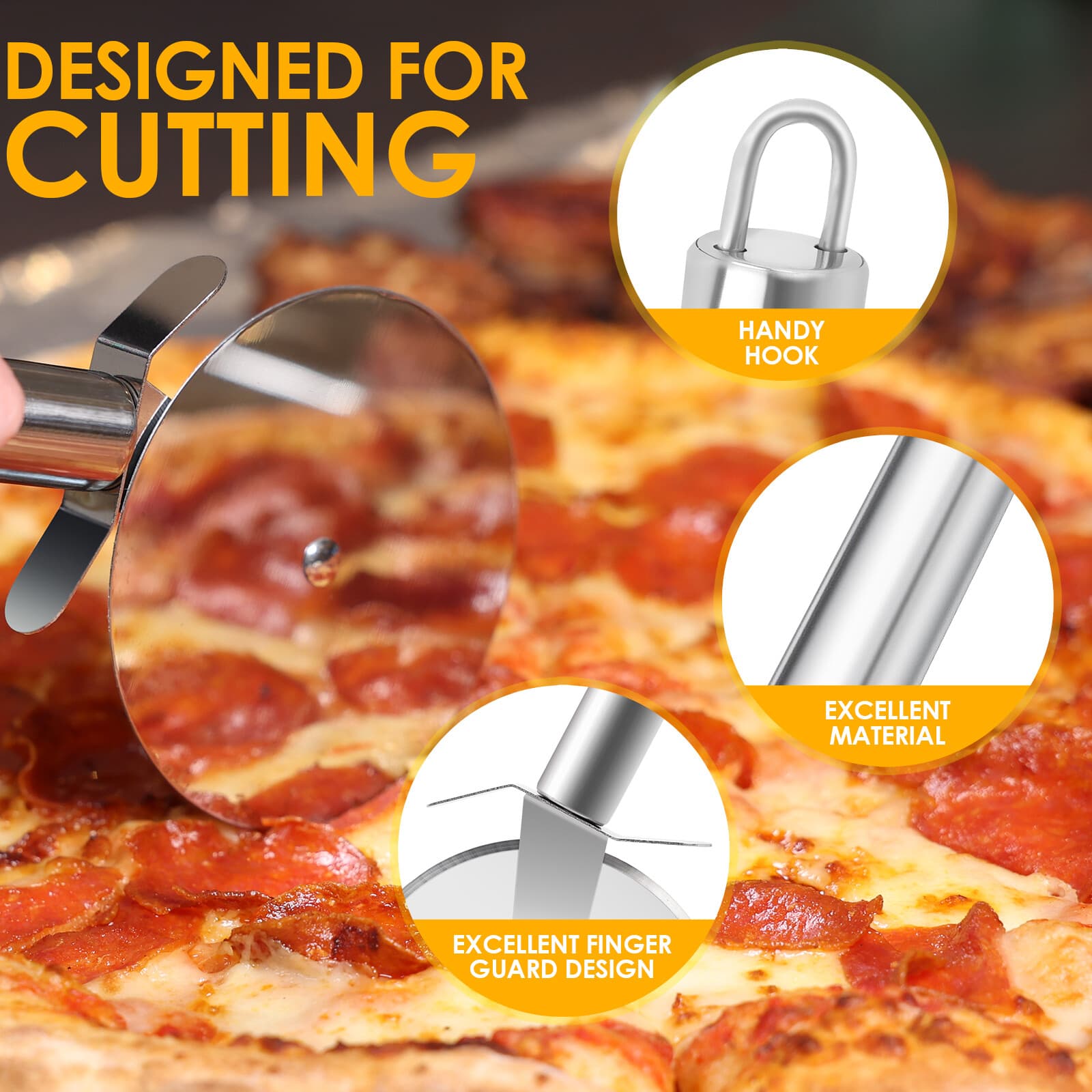 Premium Stainless Steel Pizza Cutter Wheel Thumb Guard Protection DishwasherSafe 4