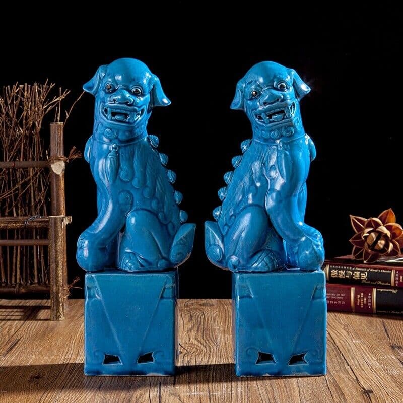 12.6" Chinese Jingdezhen Porcelain Blue Foo Fu Dog Guardion Lion Ceramics Statue