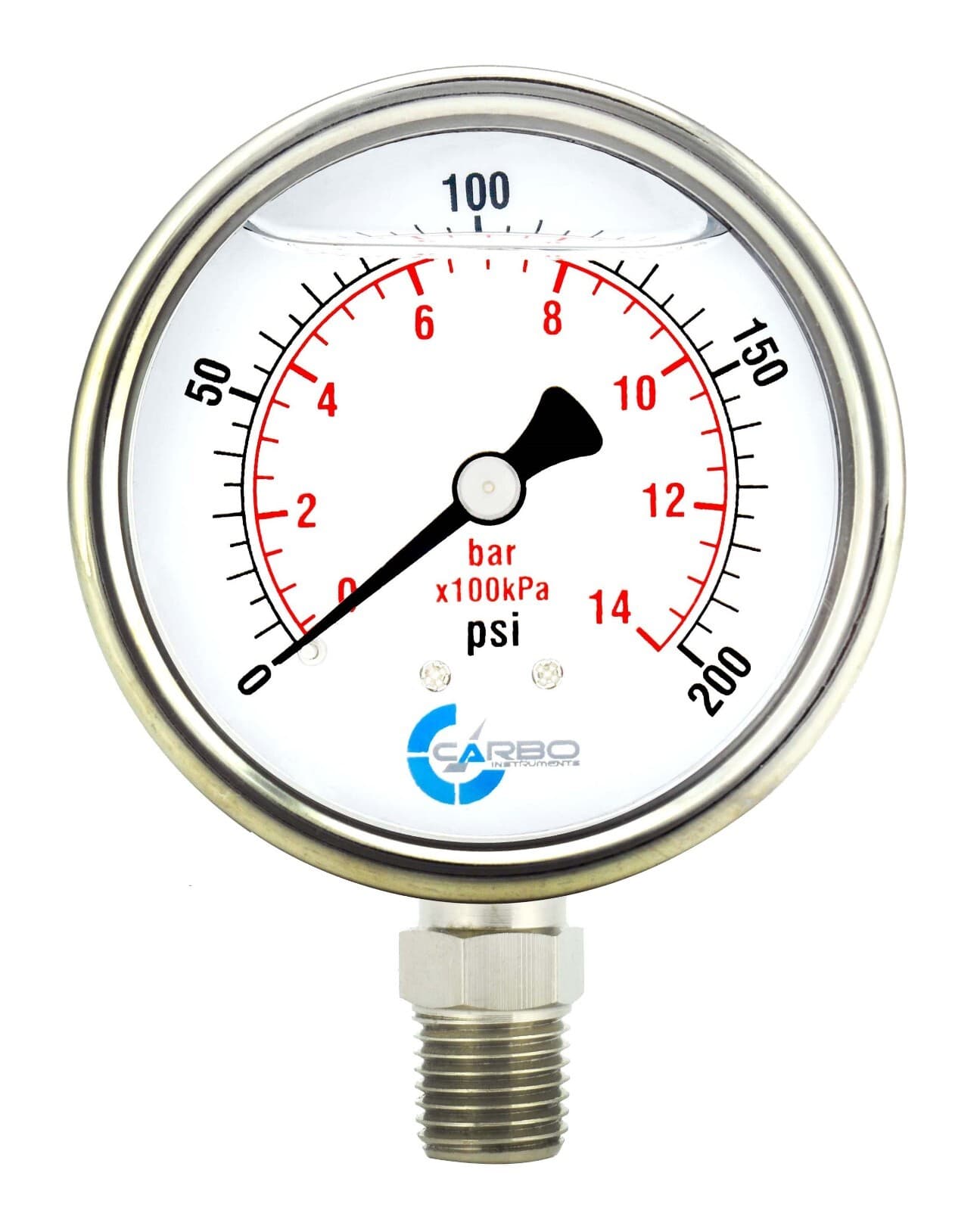 2" Pressure Gauge, Stainless Steel Case, Liquid Filled, Lower Mnt, 200 PSI