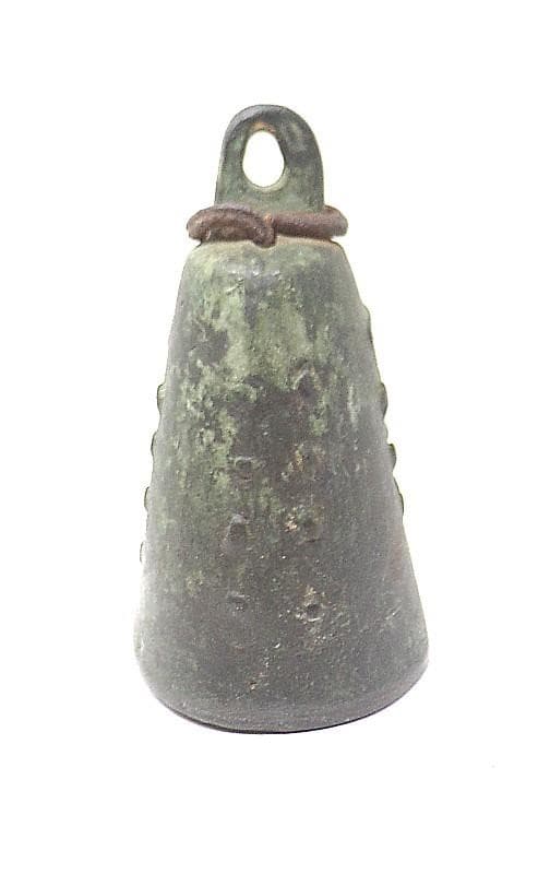 EARLY SMALL CHINESE BRONZE TEMPLE BELL - 3 1/2"TALL, 2 9/16" WIDE - DARK PATINA 2