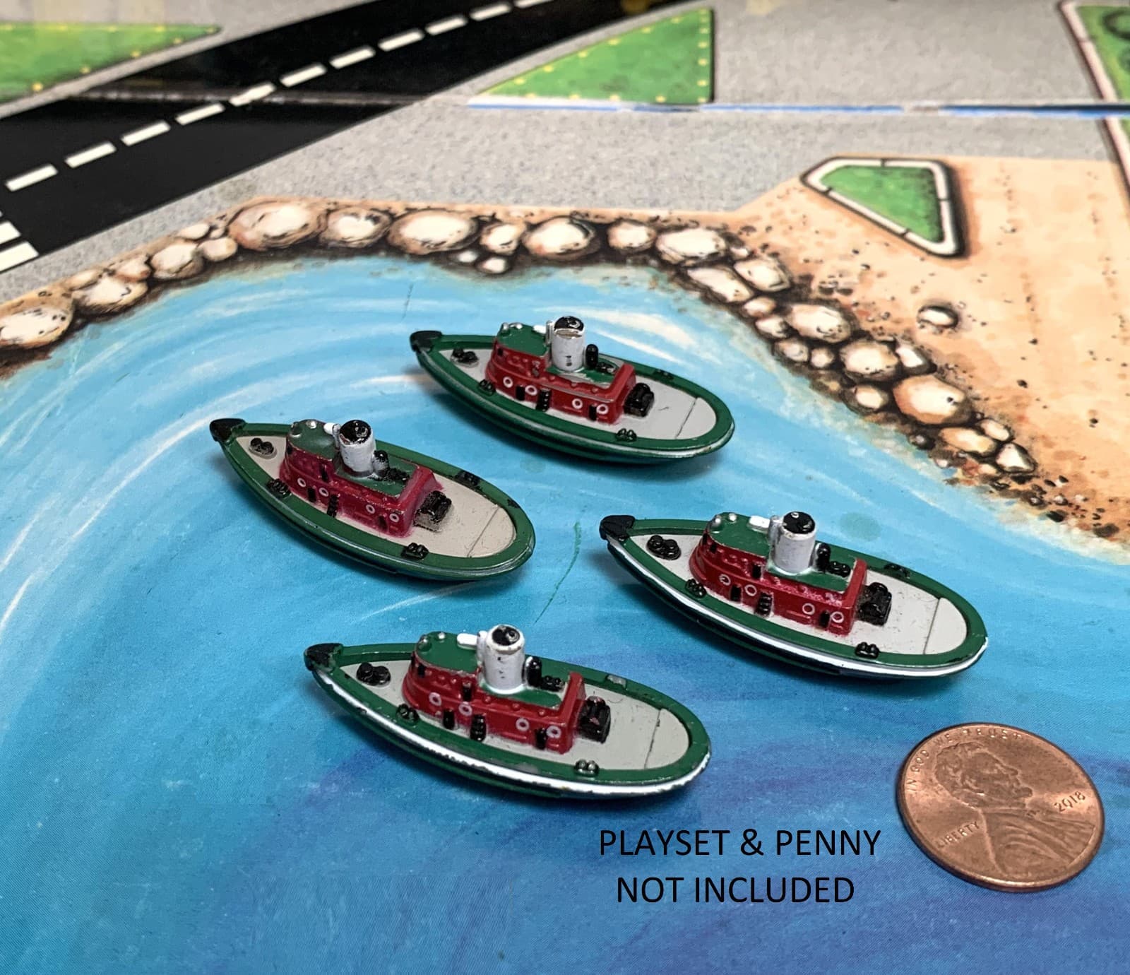 4 1987 VINTAGE 1 1/2" MINIATURE MICRO MACHINES TUG BOATS MARINE TOW GREEN GALOOB 2