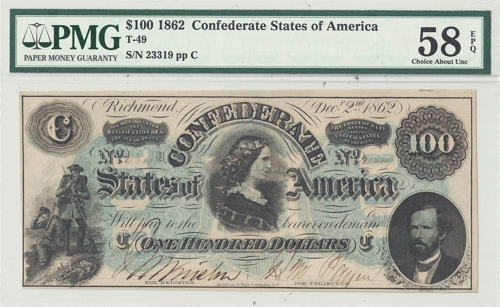 1862 $100 Confederate Note T-49 PMG AU-58 EPQ 2