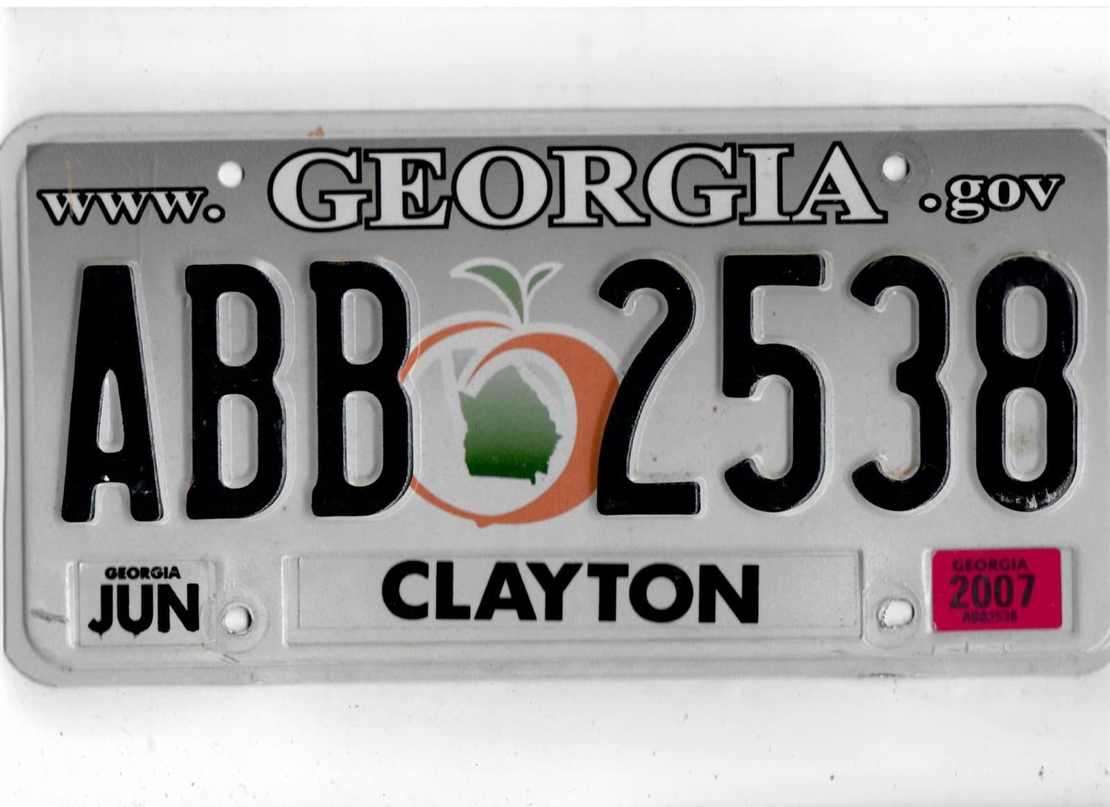 GEORGIA passenger 2007 license plate "ABB 2538" ***CLAYTON***