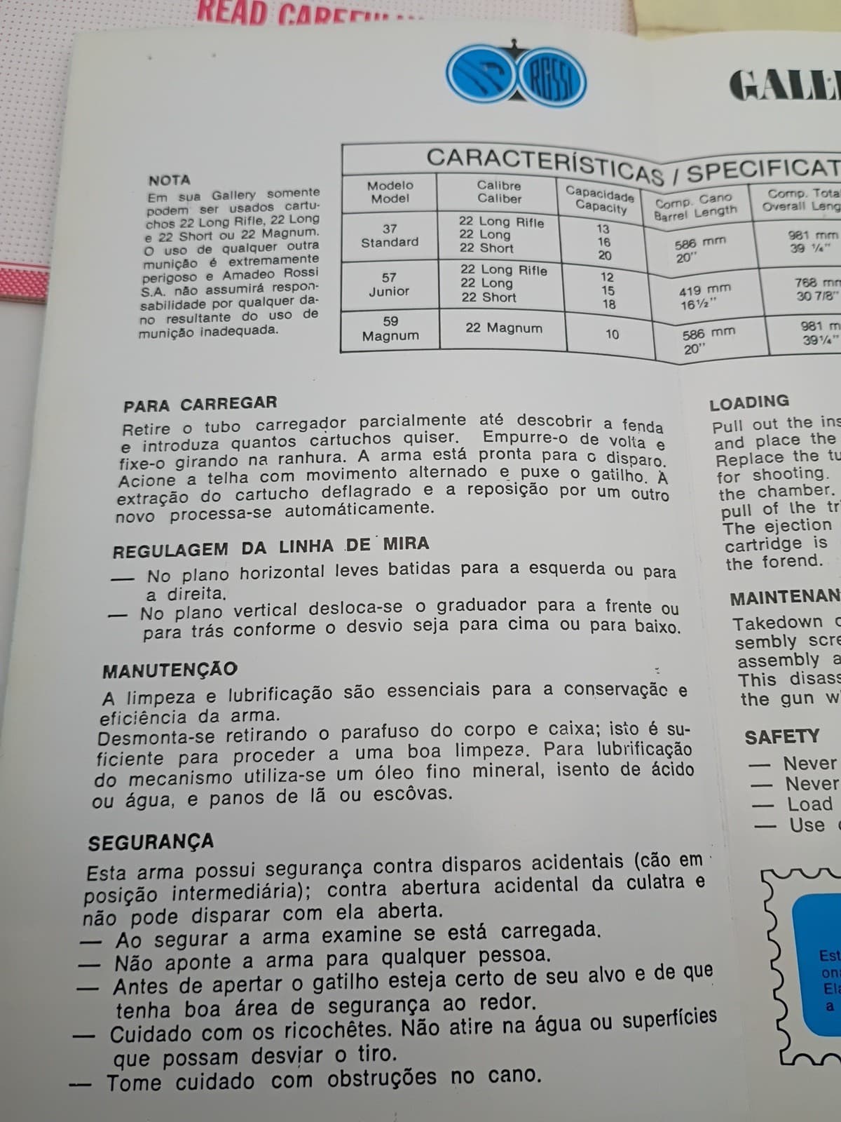 ROSSI Gallery Model  Pump Action Rifle Manual 5