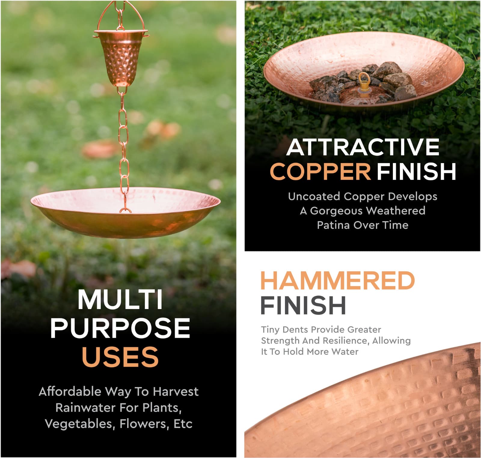 Marrgon Hammered Copper Rain Chain Receptical Basin– Bowl Shaped Anchoring Basin 6