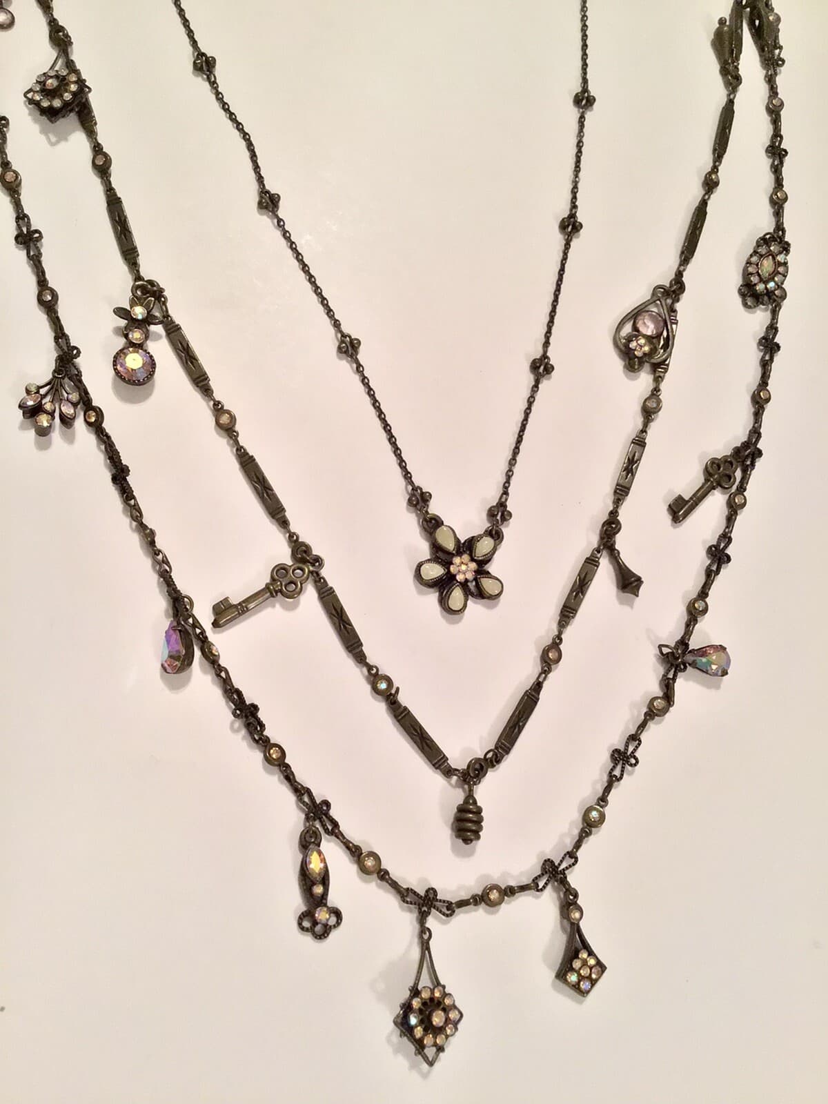 Sorrelli RARE Long 3 Strand Keys Flowers Charms Pastel Crystal Necklace Fabulous 4