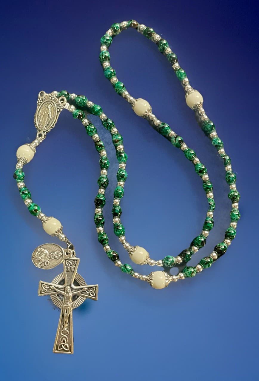 Catholic Green Marble Glass Rosary, Celtic  Crucifix, + St Patrick Medal 3