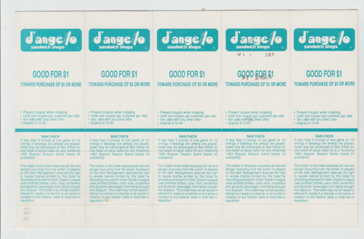1994 Portland Maine Seadogs Baseball Inaugural Season Tickets x5 Games 6-10 2