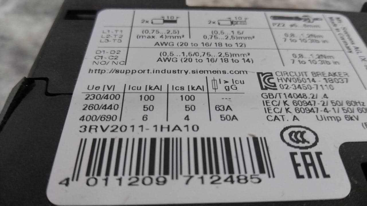 Siemens 3RV20111HA10 690VAC Maximum Voltage Rating Manual Motor Starter 2