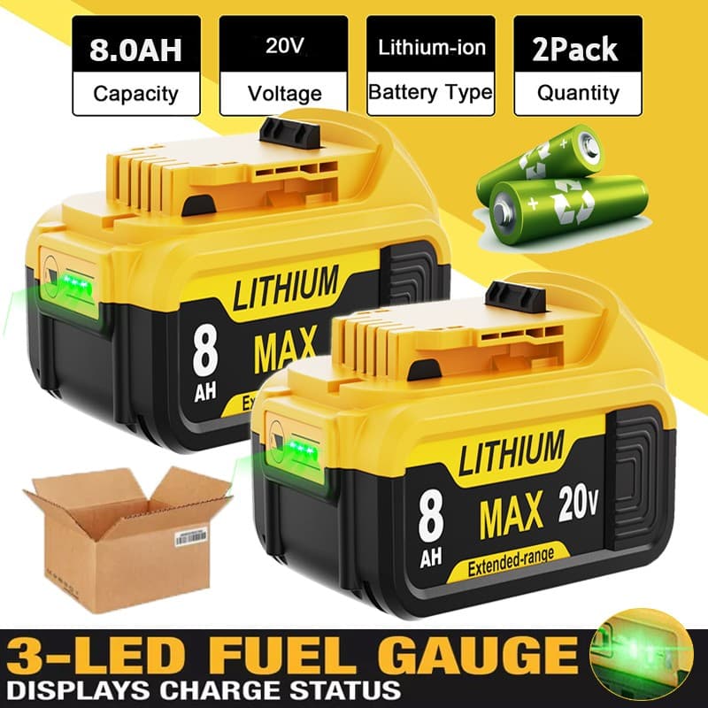 2Pack 8.0AH Lithium Ion Battery For DeWalt 20V 20 Volt Max DCB206 DCB200 DCB204 3