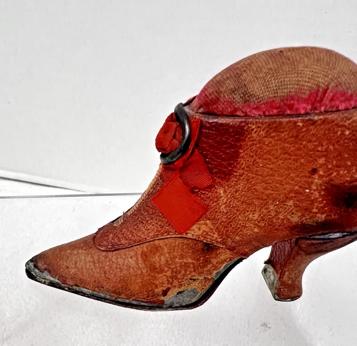 Antique Leather Shoe Sewing Pincushion w Buckle 3 5/8 x 2.5 x 1 inch 3