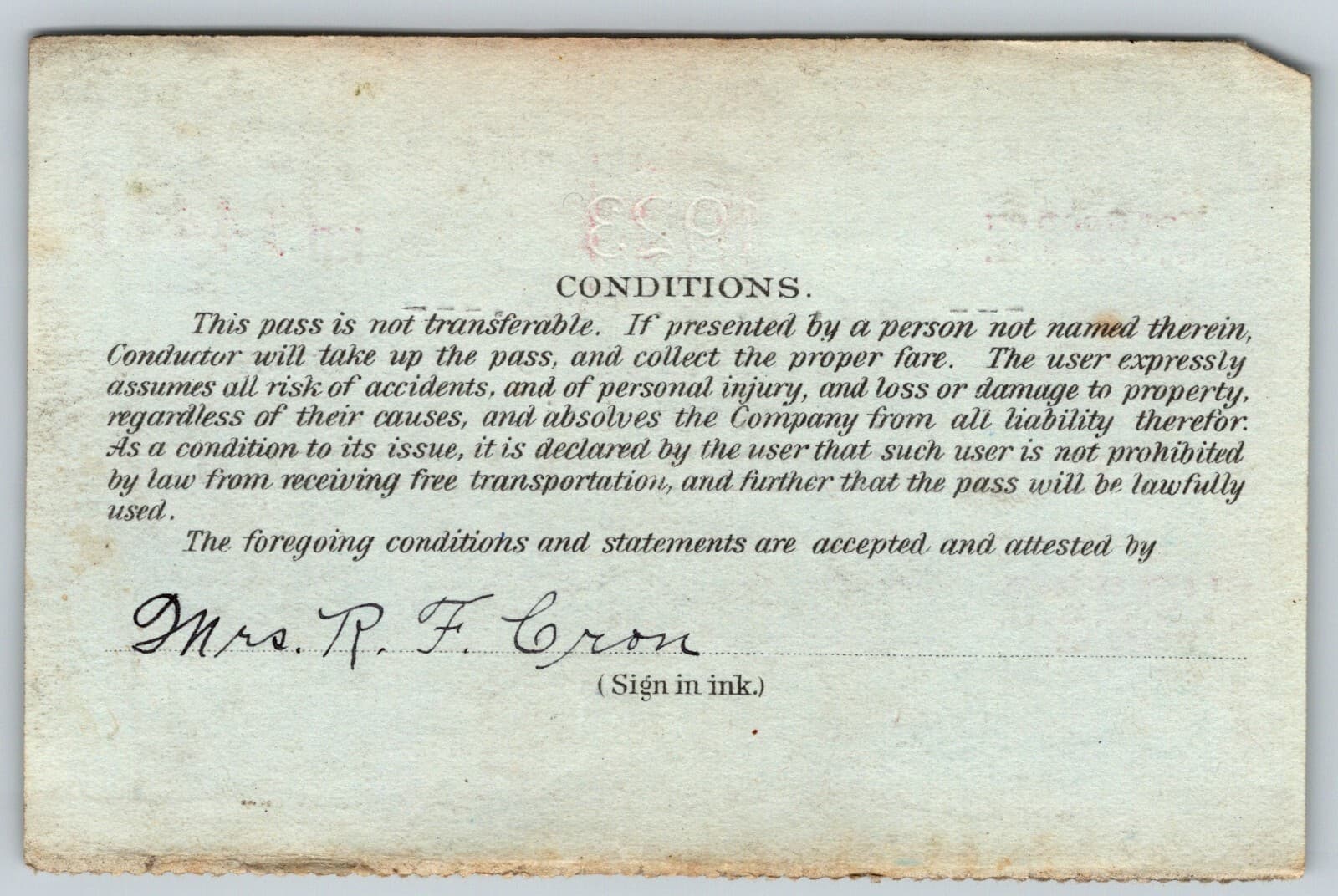 1923 Pennsylvania RR System "West of" Employee Wife "Cron" Railroad Pass 2