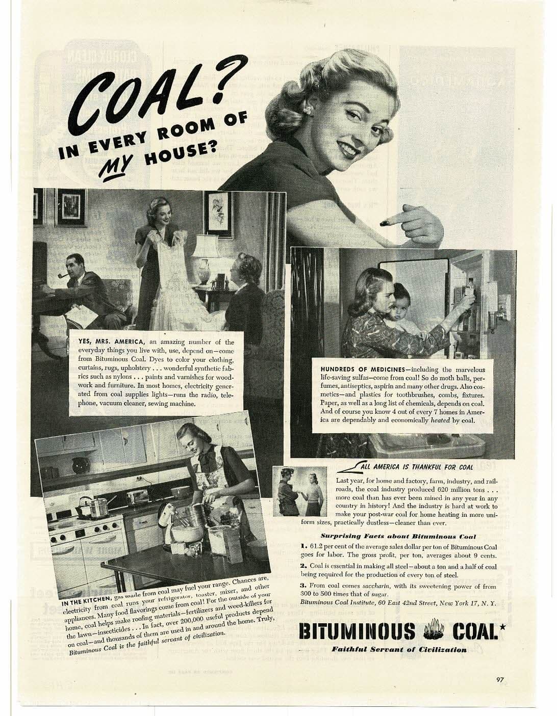 1945 Bituminous Coal Institute Electricity Production For The Home Print Ad