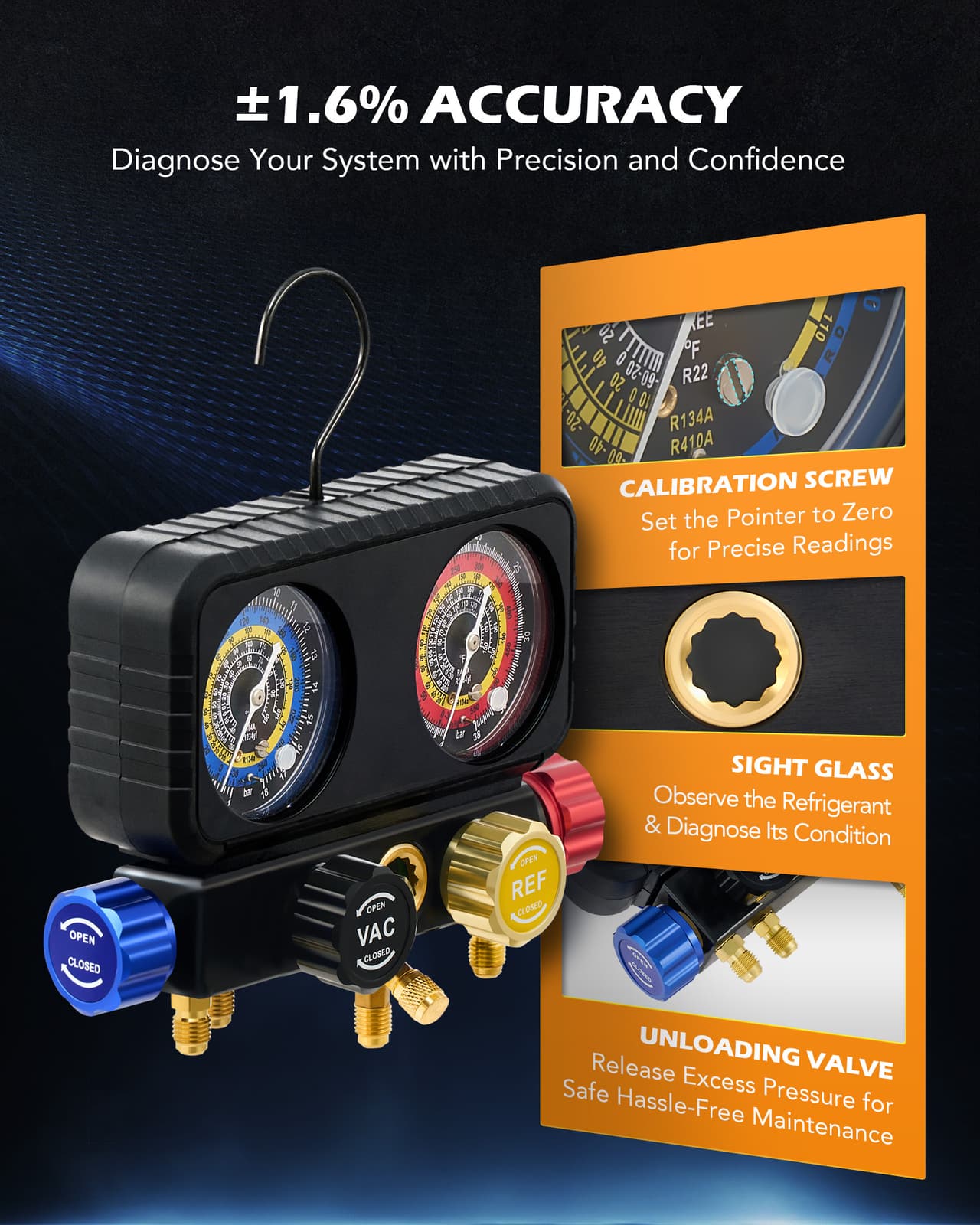 AC R1234YF Gauge Set Automotive 4 Valve Manifold Gauge Kit Freon Charging US 5