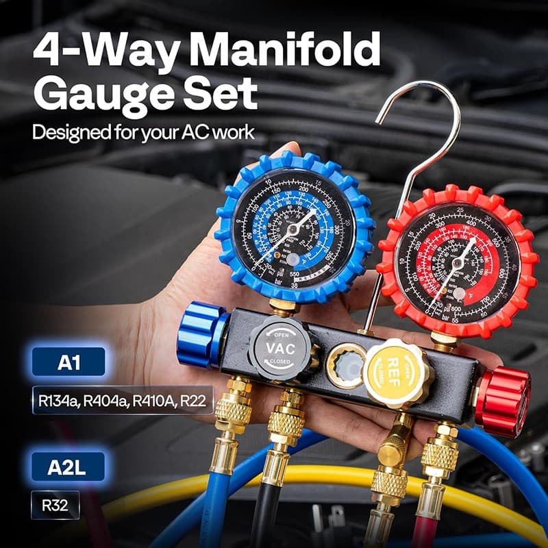 AC Manifold Gauge Set 4 Way For R134a R410a R22 R32 Refrigerat with 5ft Hoses 2