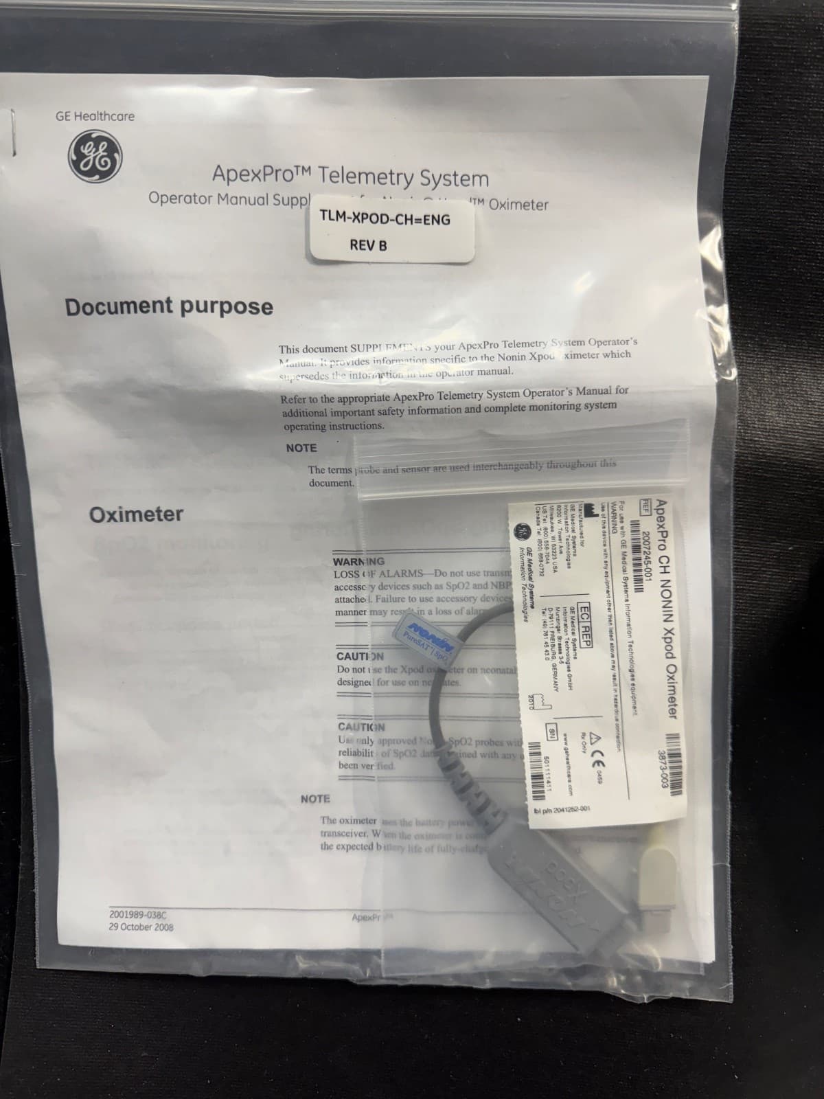 ApexPro CH Nonin Xpod Oximeter Ref# 2007245-001 GE CH Telemetry SPO2 Cable NEW 2