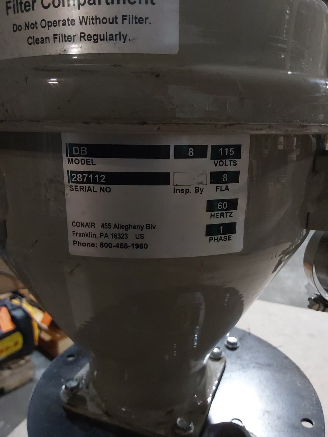 CONAIR, MATERIAL HOPPER MODEL DB 8, With W3B20-000 VALVE 2