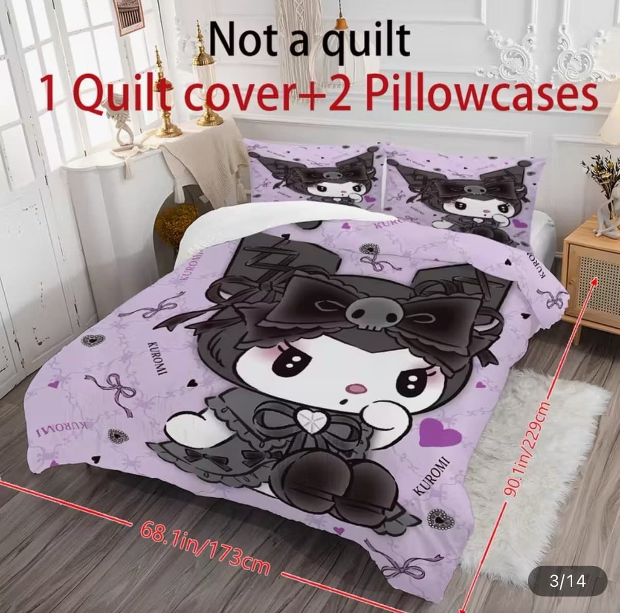 Kuromi Bedding Set Purple Sanrio Kawaii Twin Duvet Cover Pillowcases 3