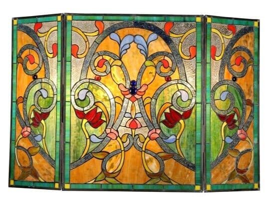 Tiffany Style Fireplace Screen Victorian Design Stained Glass 3 Piece 28" x 44"