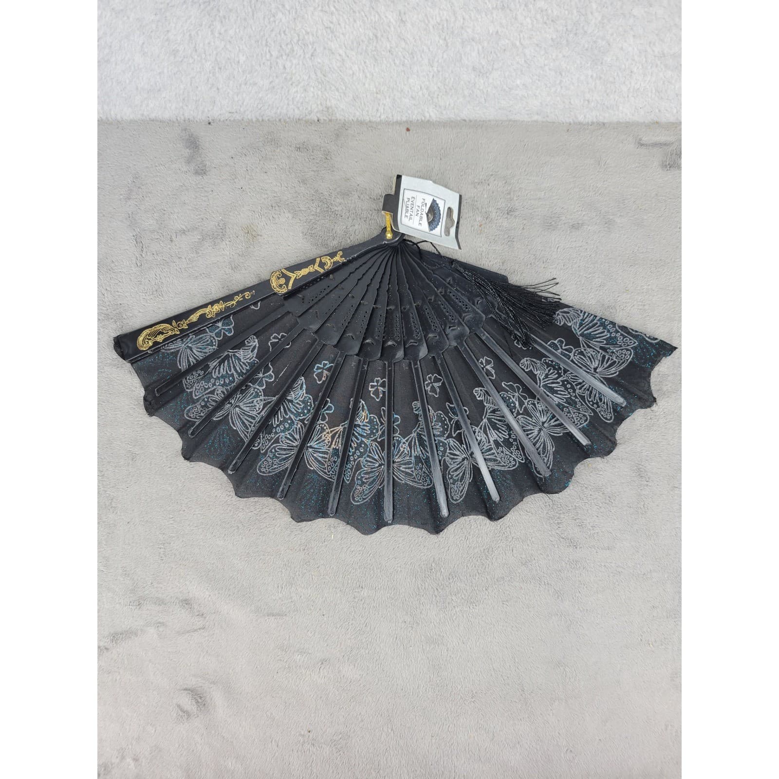 Black Gold Blue Butterfly Folding Hand Fan Dance Decor 15" Wide 2