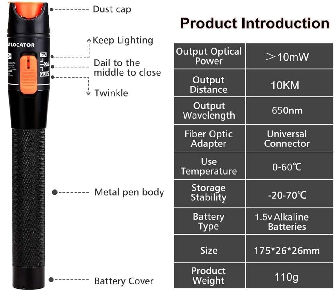 Visual Fault Locator 10MW 10KM Output FC SC ST Interface VFL Fiber Test Pen Tool 2