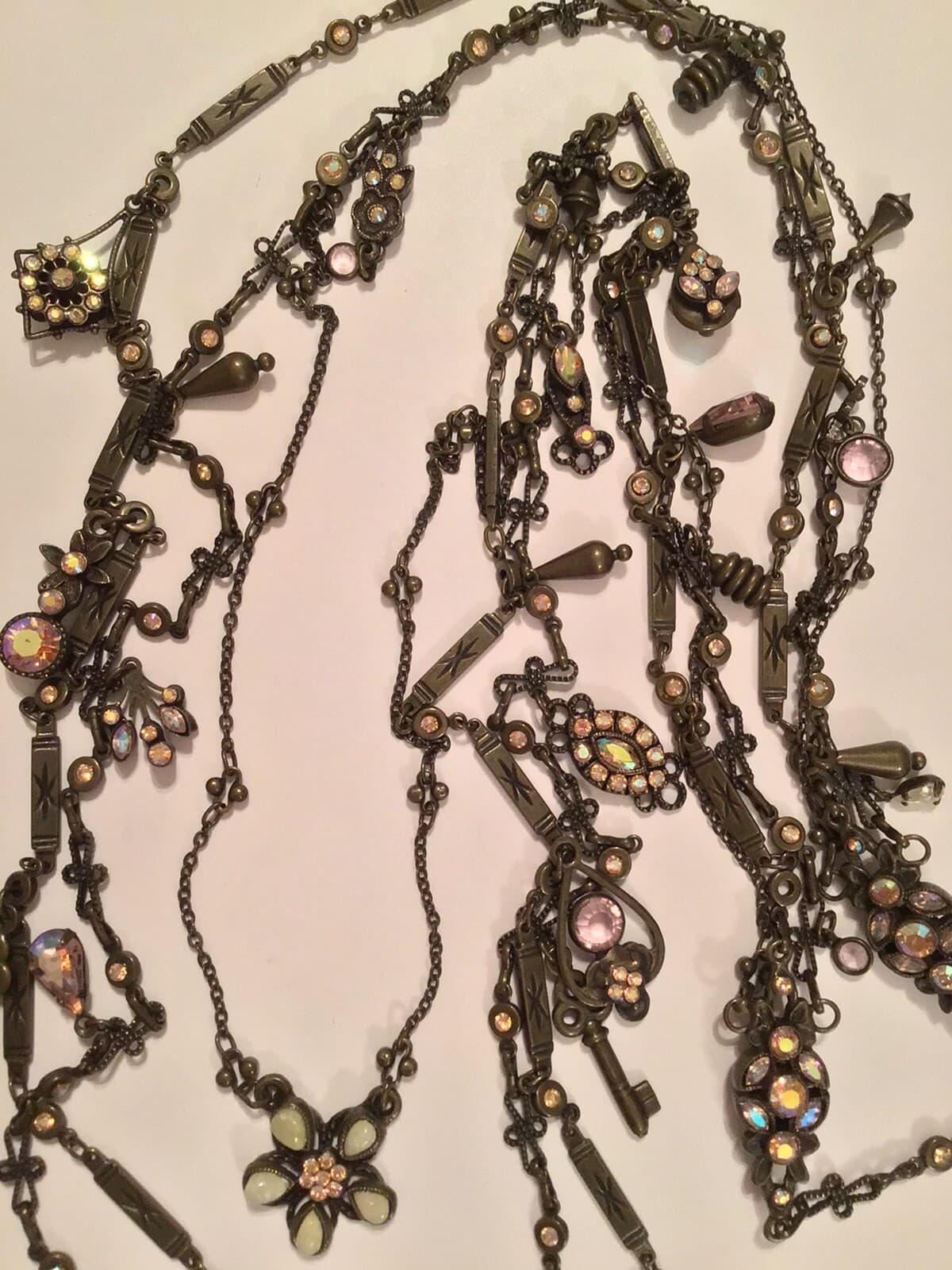 Sorrelli RARE Long 3 Strand Keys Flowers Charms Pastel Crystal Necklace Fabulous 3