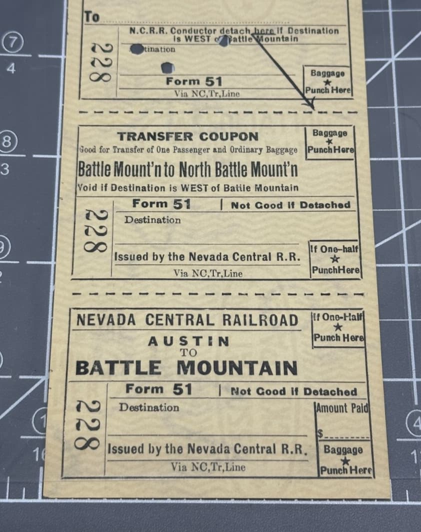 ~1926 Nevada Central Railroad NCRR Unused Austin to Battle Mountain Ticket 228 4