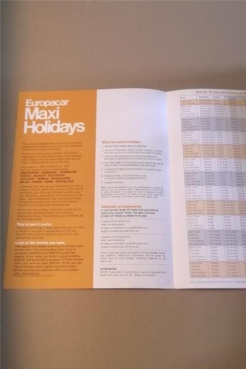 1971 LUFTHANSA GERMAN AIRLINES EUROPACAR HOLIDAY TOURS BROCHURE ~VOLKSWAGEN AVIS 2