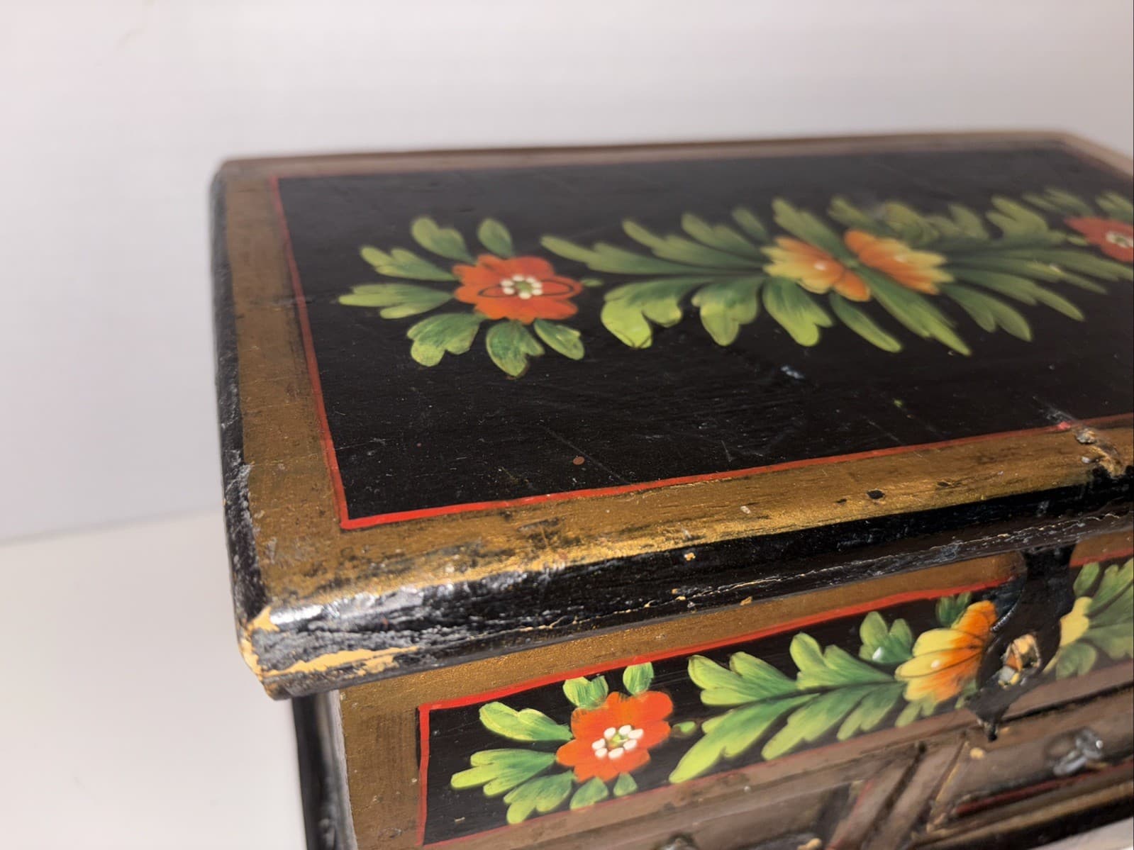 Antique Chinese 2 Drawer Chest Jewelry Box Tole Hand Painted Folk Art Decorated 2