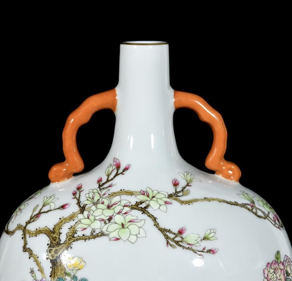 33CM Qianlong Signed Old Chinese Colour Enamel Flask Vase W/bird U1350 5