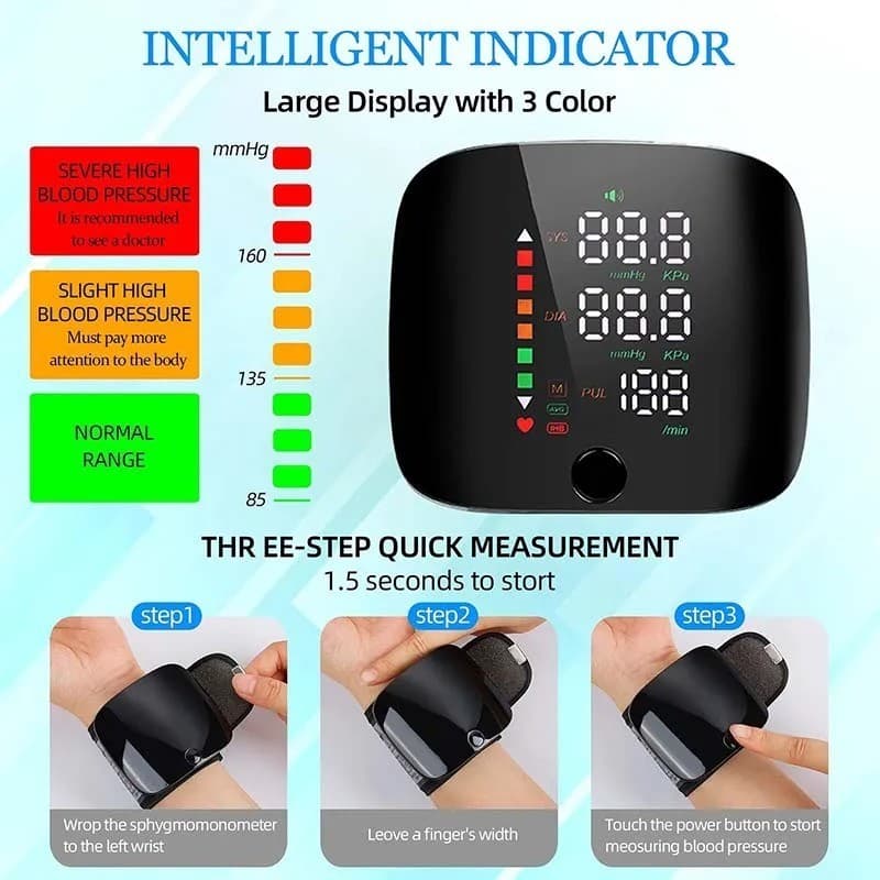 LED Rechargeable Wrist Blood Pressure Monitor English Voice Broadcast Tonometer 3