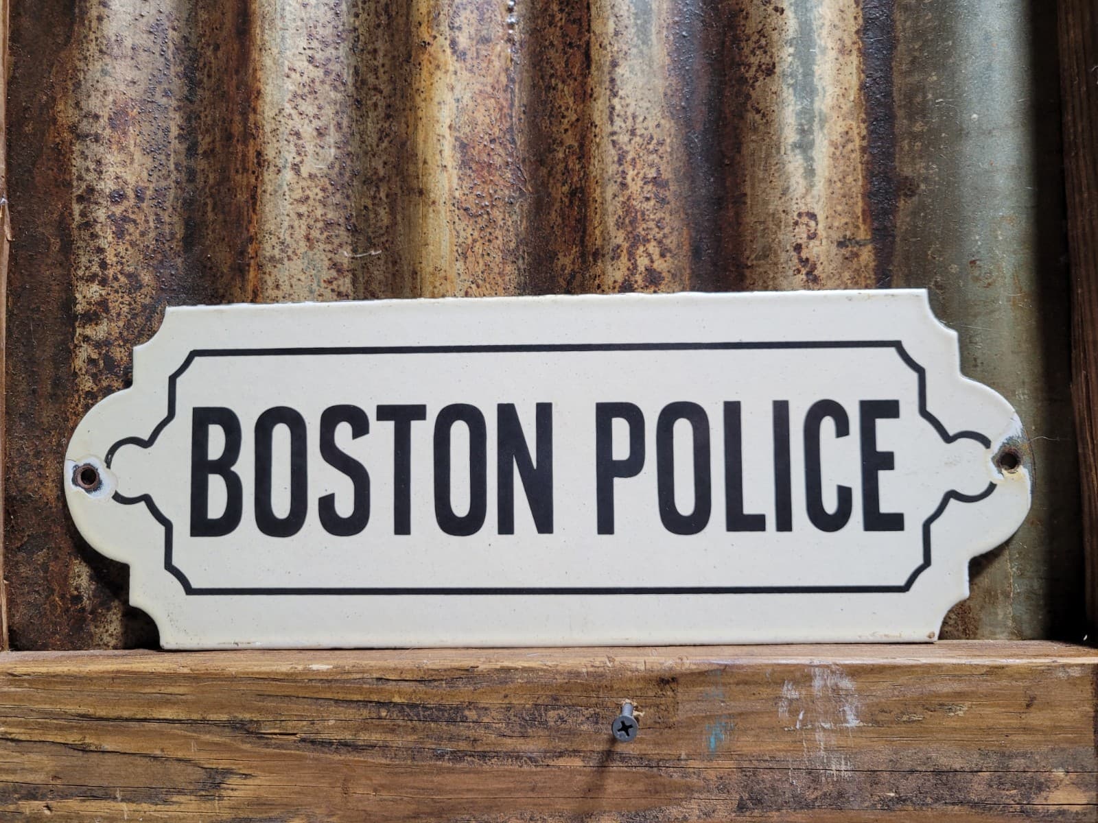 VINTAGE BOSTON POLICE PORCELAIN SIGN OLD LAW ENFORCEMENT BARRACKS STATION 14" 5
