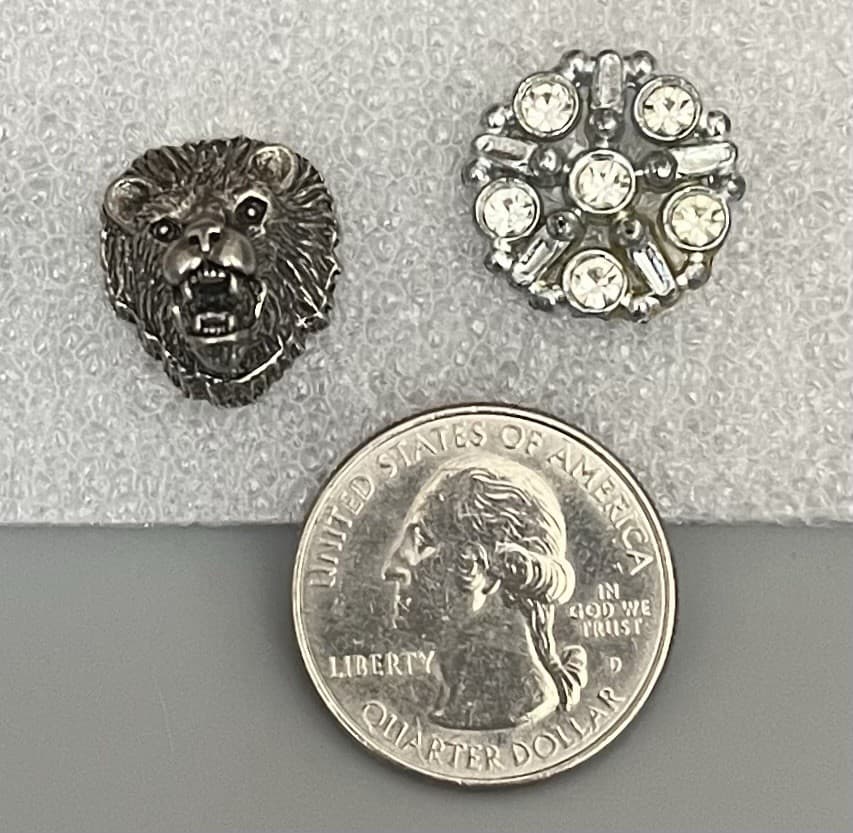 Two Tie Tacks-Pin Backs-Lapel Pins Pewter Bear & Pot Metal With Clear Rhinestone 2