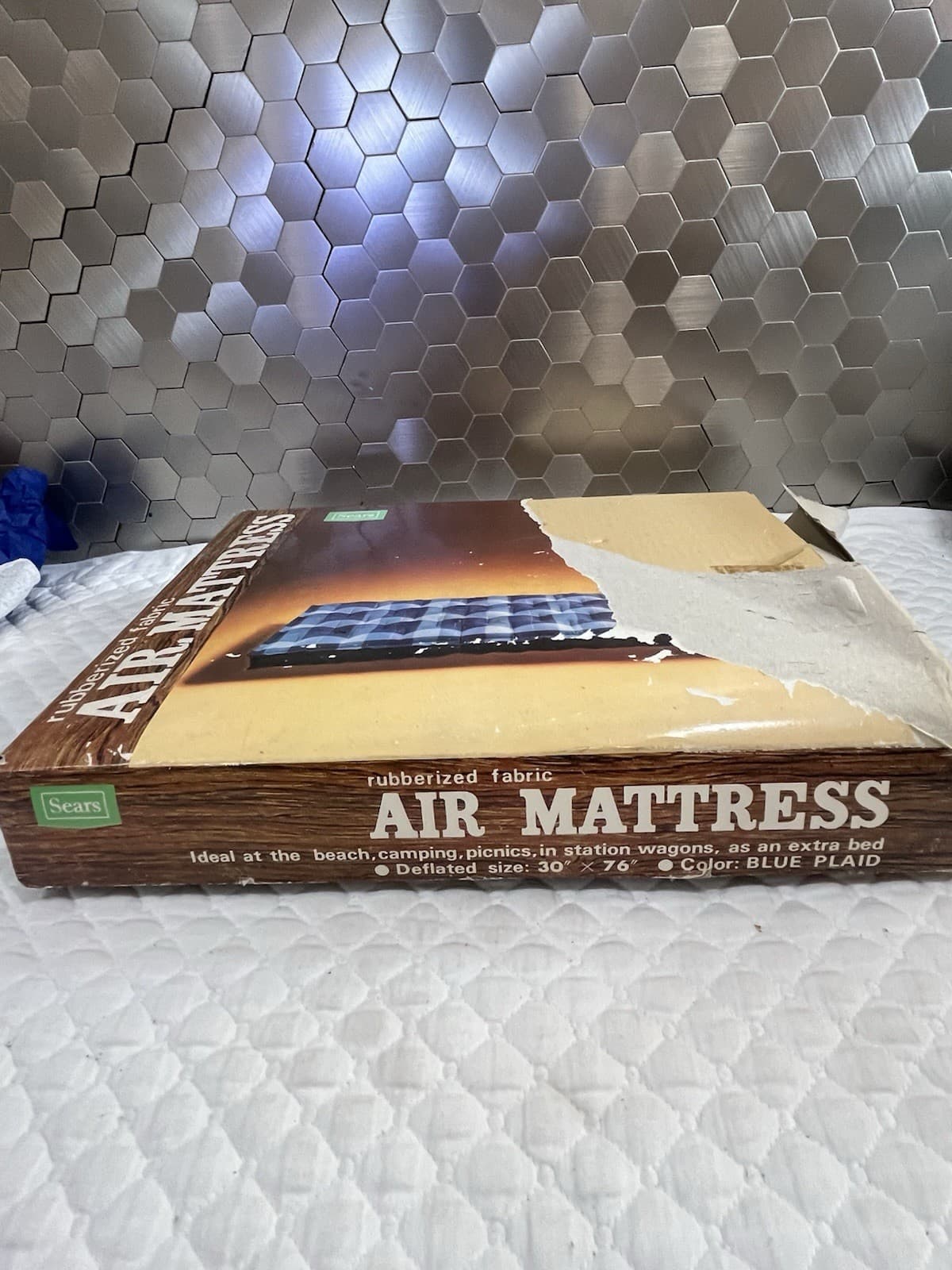 Vintage Sears Nylon Fabric Camping Mat Mattress Air Inflatable 76x30 Plaid Blue 6