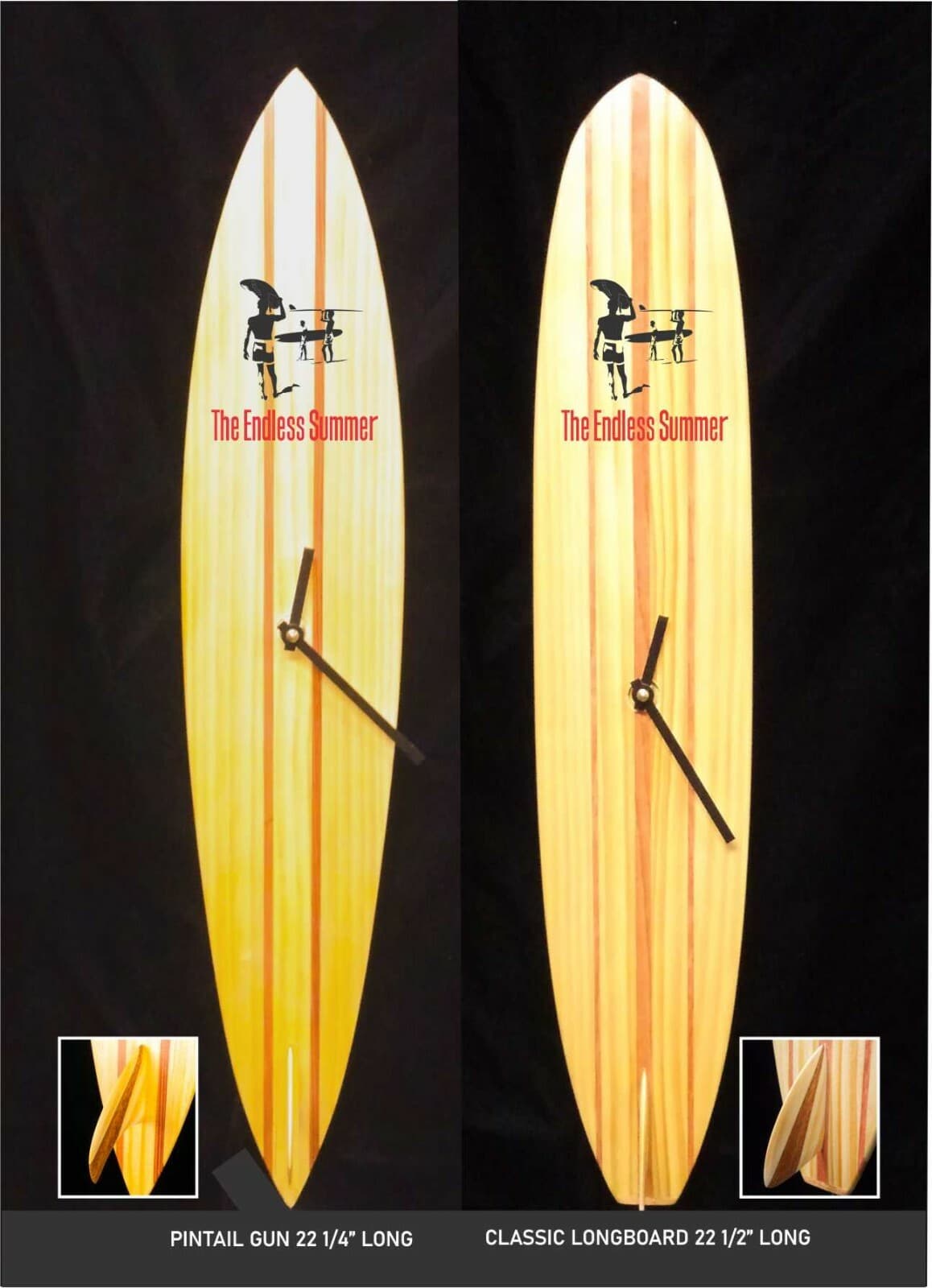 Endless Summer Wood Surfboard Clock Vintage Longboard Style Pintail Gun