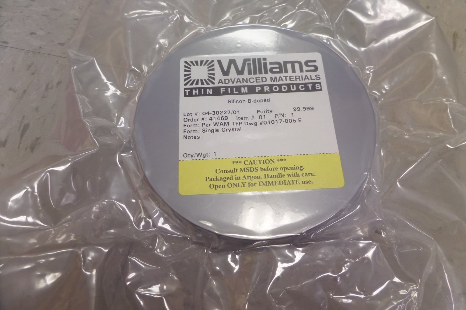 Williams Sputter Sputtering Target Silicon B-doped WAM TFP Dwg 01017-005-E New 2