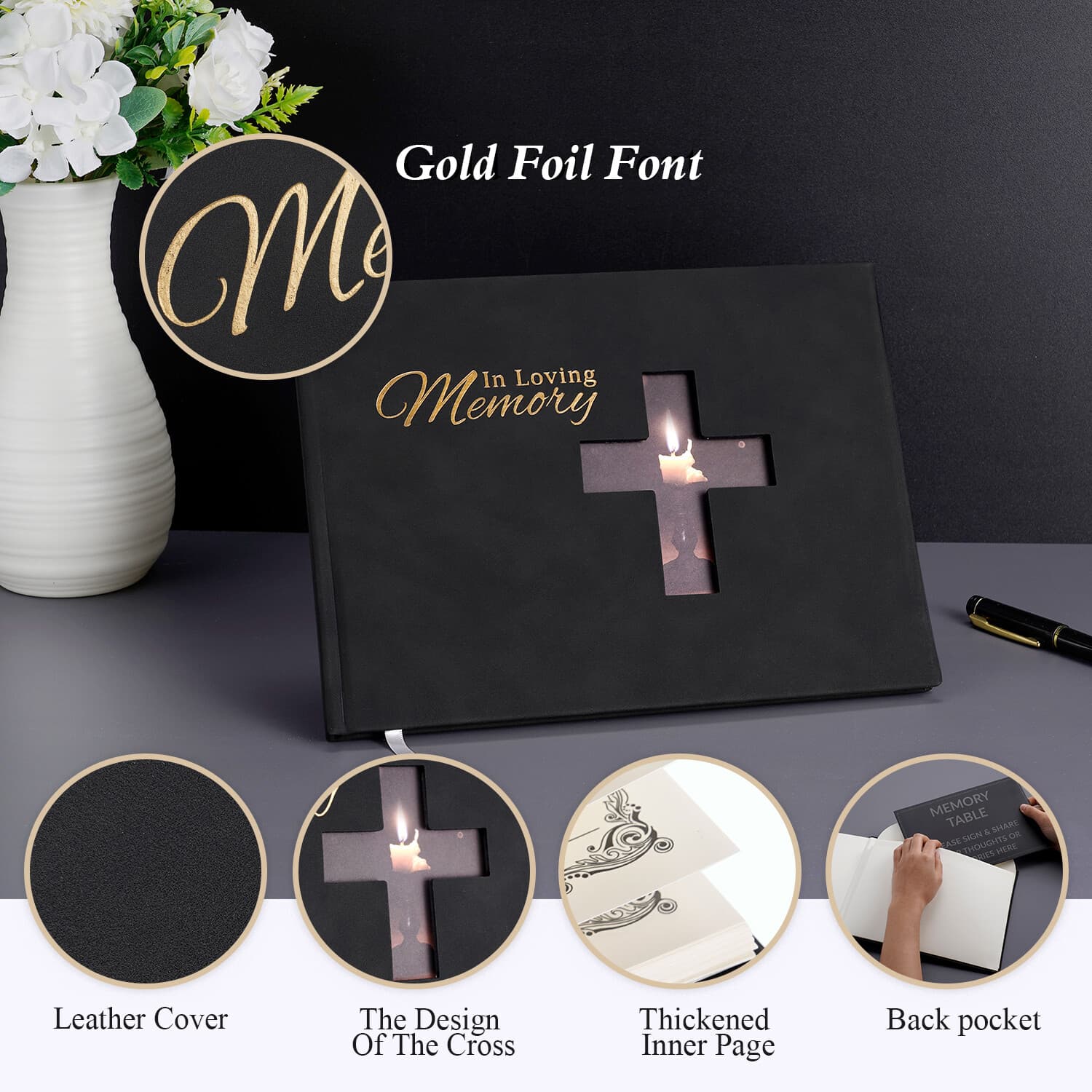 Leather Funeral Guest Book for Memorial with Pen, commemorative of Life Book USA 5