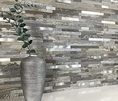 -Sheet Peel and Stick Backsplash Wall 10 Distressed Wood with Metal Silver 3