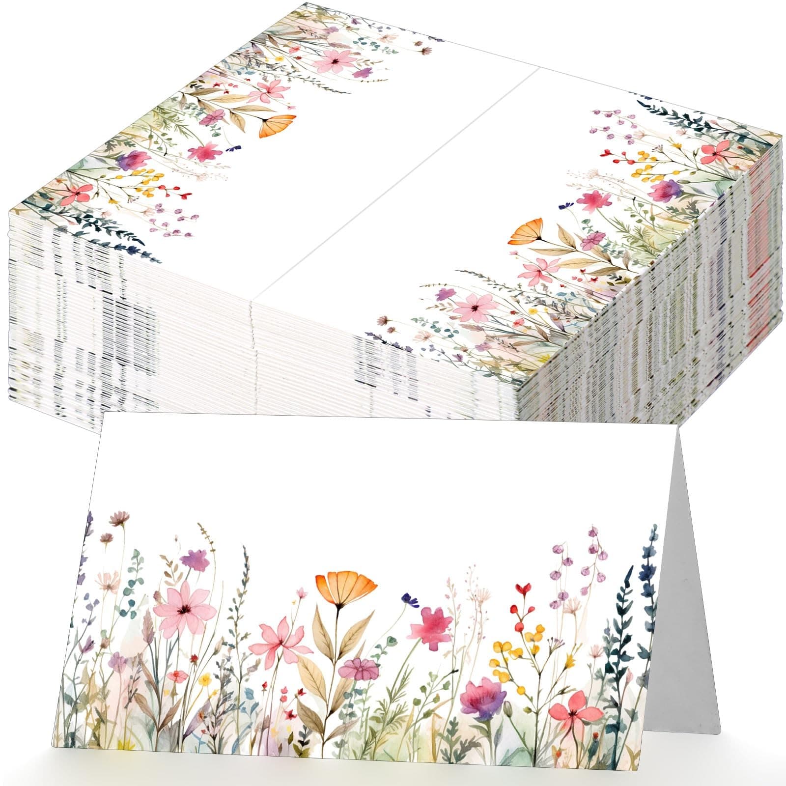 100 Pcs Floral Place Cards 3.5" x 2" Wildflower Tented Name Cards Blank Table...