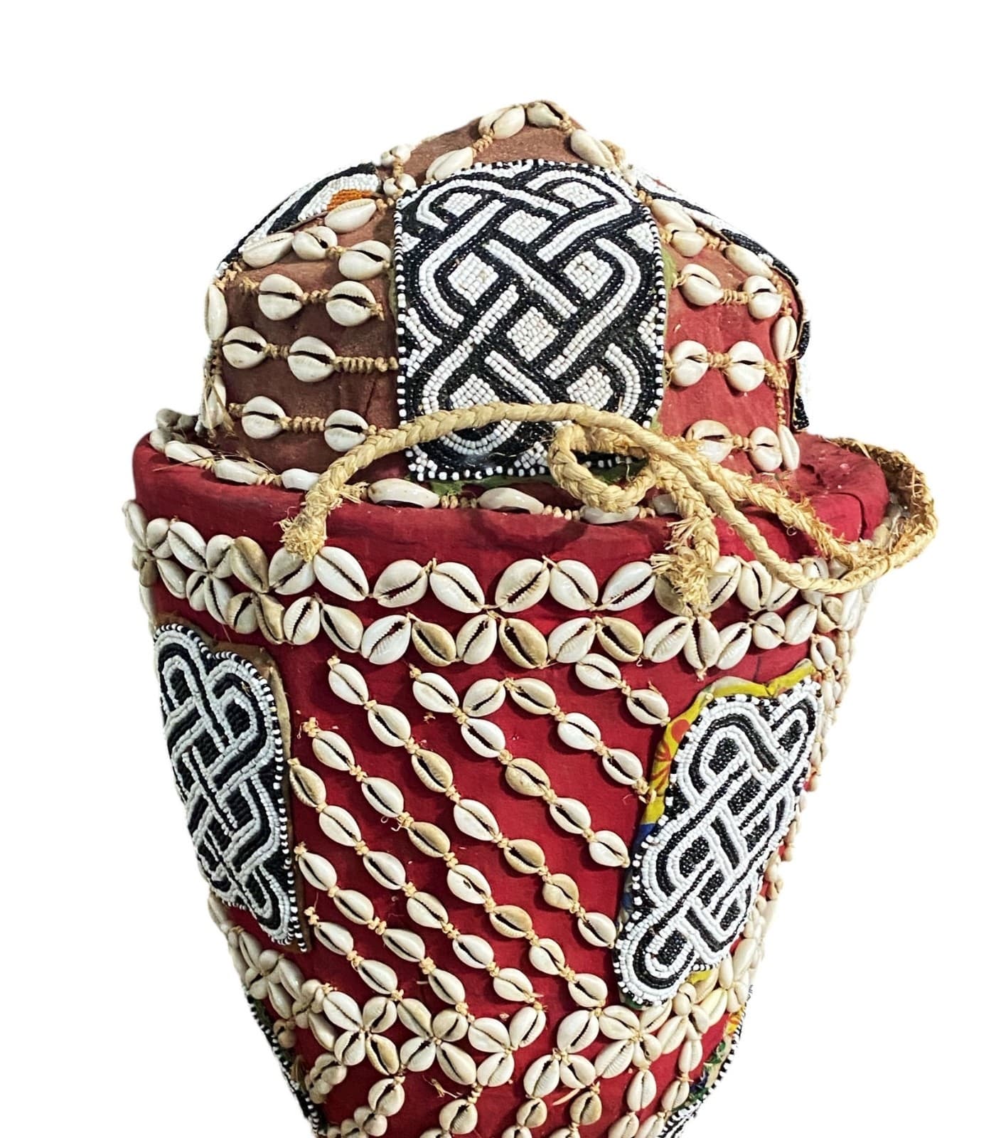 #1122 Vintage Large Kuba Royal Beaded Basket Congo 22" H 3