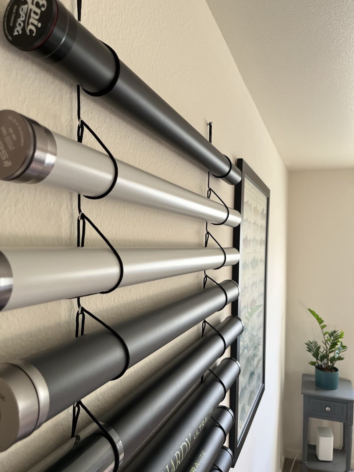 FLY ROD TUBE STORAGE RACK FOR WALL & CLOSET, PORTABLE, PACKABLE, ATTRACTIVE, NEW 3