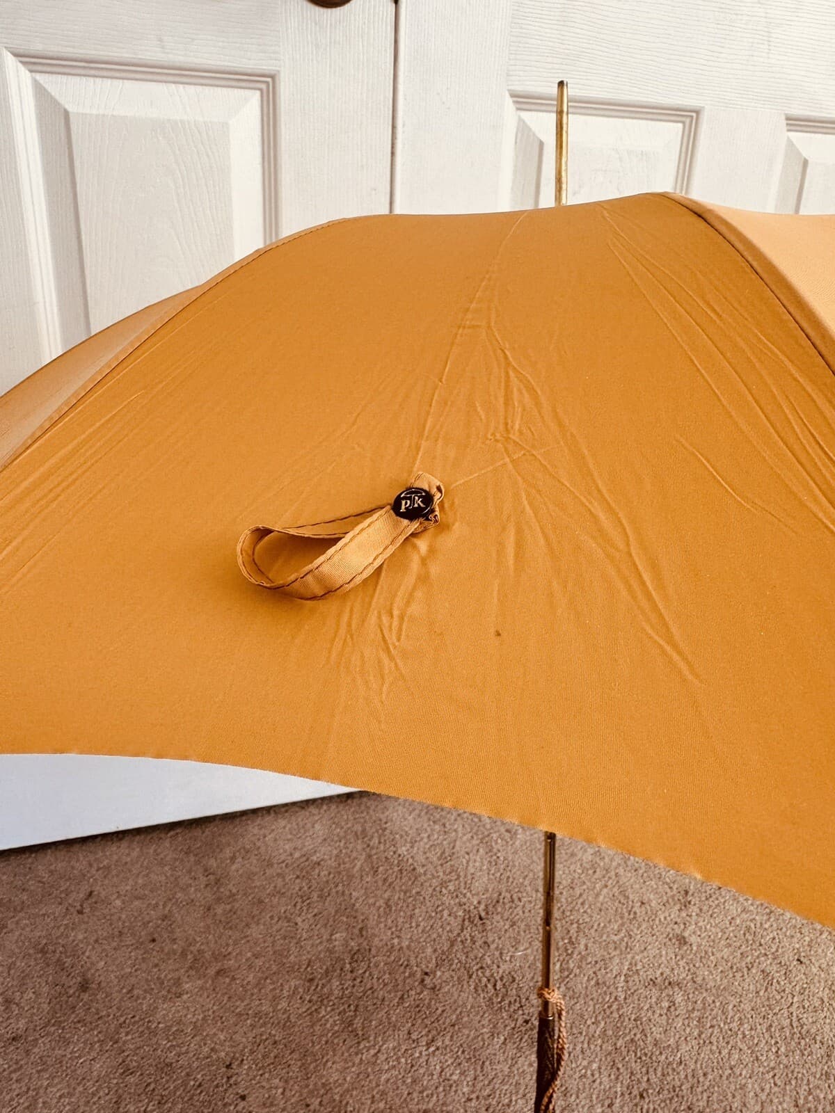 RARE ANTIQUE PK Polan Katz Nylon Umbrella Parasol Gold Brass Handle Tassel 4