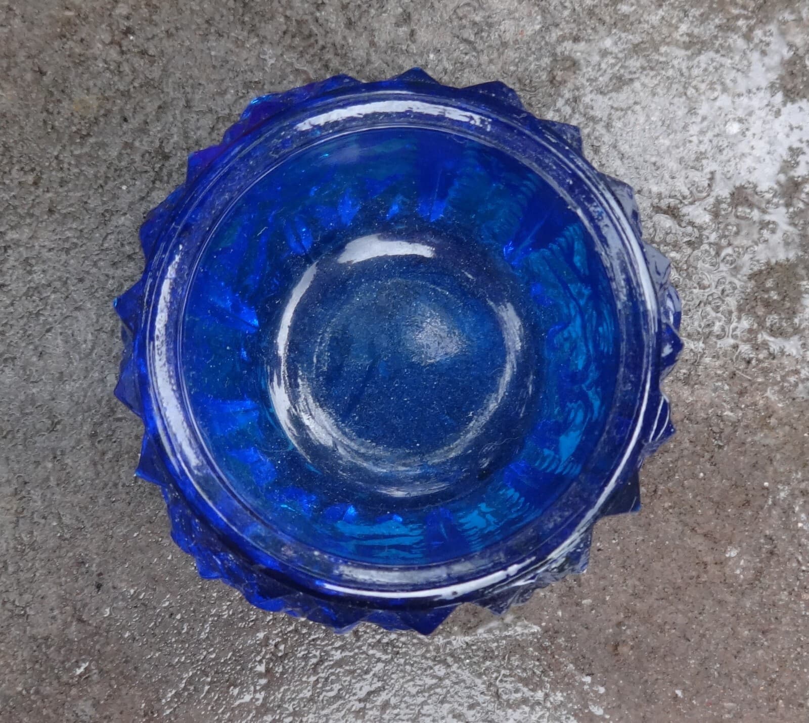 Dark, Aqua Blue Glass Open Salt Dip, Cellar, Dish w/Roses, Ridges! 3