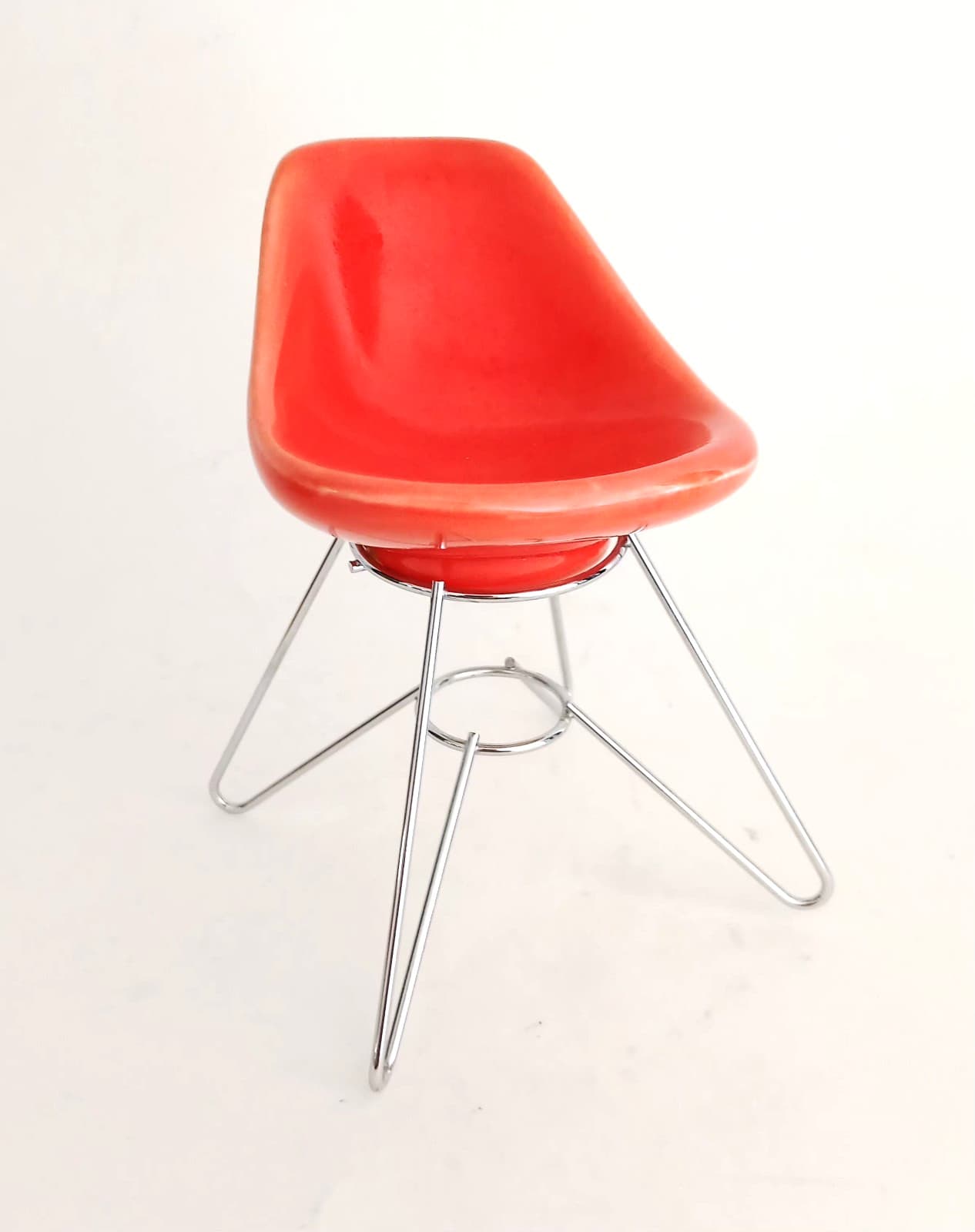 MCM Miniature Eames Herman Miller Style Doll Chair Orange Red Chrome 5" x 3 1/4"