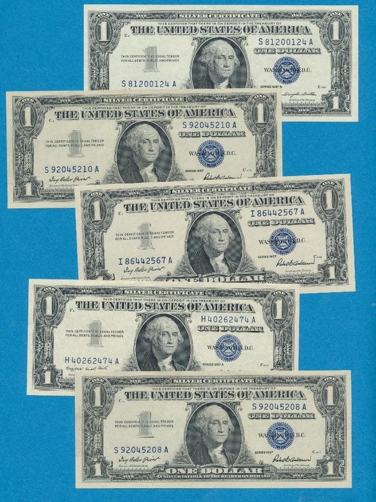 5-$1.00 1957 MIXED SILVER CERTIFICATES  CHOICE+ GEM NEW  DEALERS LOT