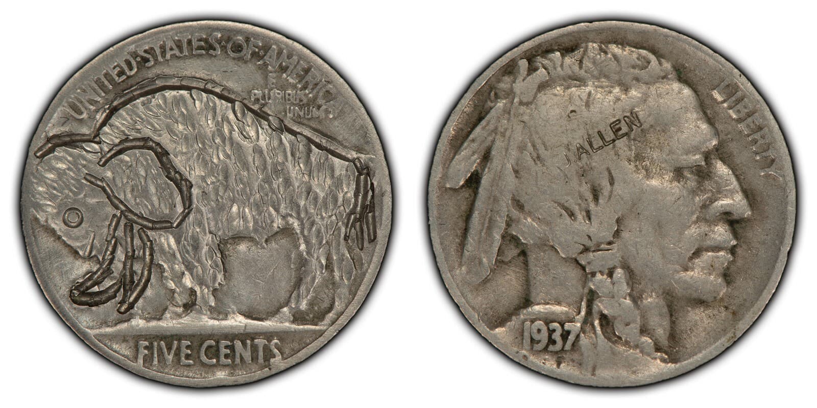 1937 5c Hobo Buffalo Nickel - Animal Reverse WOOLLY MAMMOTH - J Allen - B1171 2